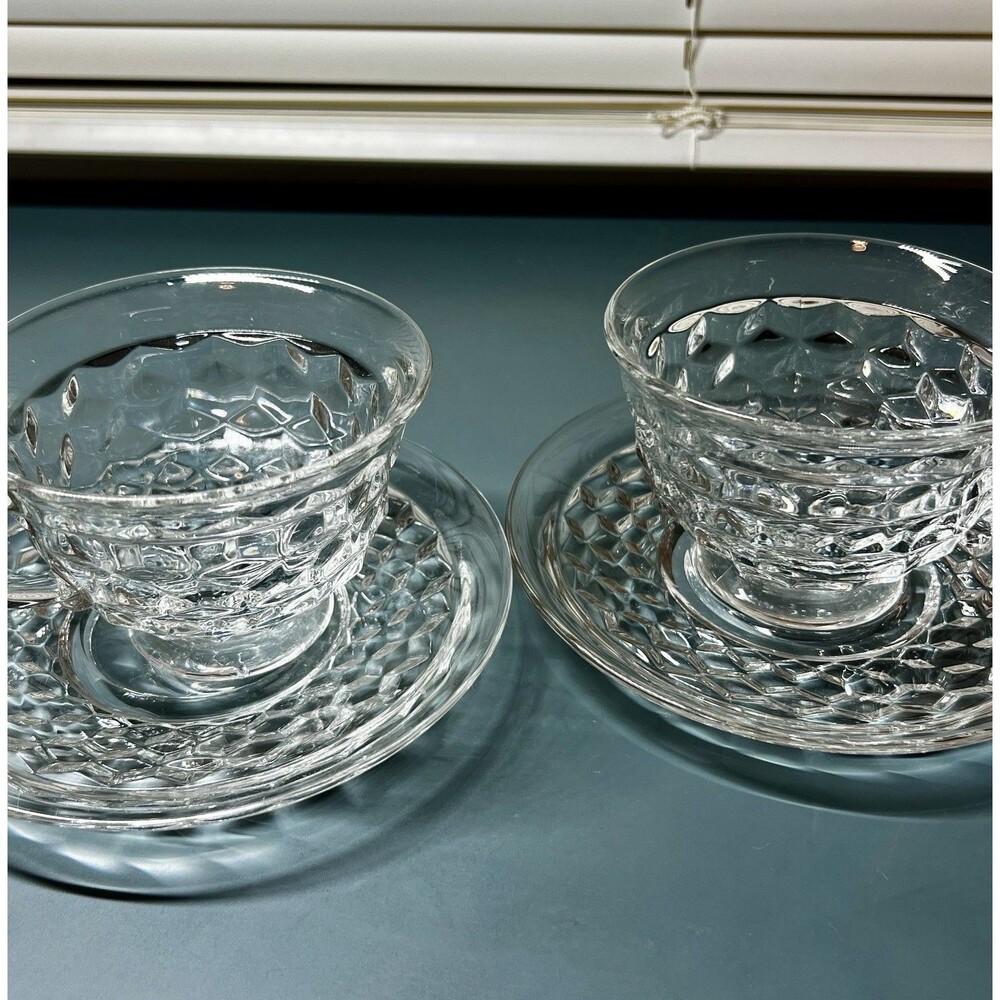 Vintage Fostoria American Cups and Saucers Set of 2 Pairs 4pc Clear Glass
